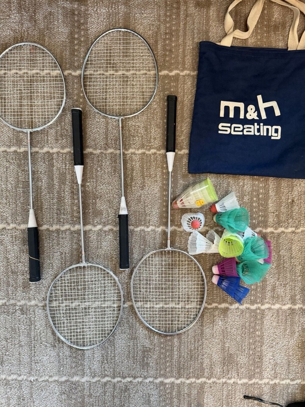 Vintage Badminton Set 4 Metal Rackets Shuttlecocks Birdies Recreational Lot